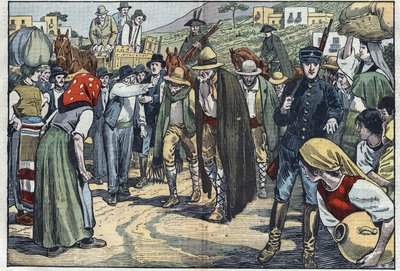 Rapinatori arrestati dalla polizia fascista italiana. Sicilia, Italia. Illustrazione di Damblans. In 
