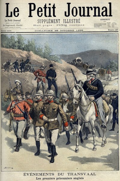 Sudafrica - Guerra Boera. Eventi del Transvaal. Primi prigionieri inglesi catturati dai Boeri. Disegno di Damblans. 