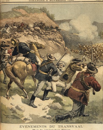 Sud Africa, Guerre Anglo-Boere, Morte del generale boero Viljoen durante uno scontro con gli inglesi, stampa da Eugene Damblans