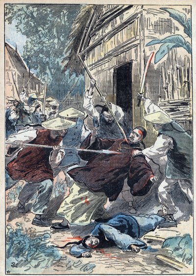 Il prete francese Berthollet (1865-1898), prete delle Missioni Estere, fu assassinato dalle guardie nazionali cinesi vicino alla città di Yun Ngan Cheou il 21 aprile 1898. Illustrazione di Damblans in "Le Pelerin" del 10 luglio da Eugene Damblans