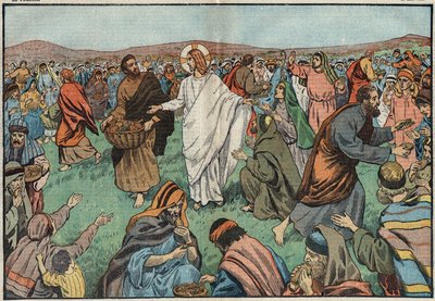 La moltiplicazione dei pani: sulle rive del Lago di Tiberiade, Gesù Cristo (Gesù Cristo) soddisfa la popolazione moltiplicando cinque pani d