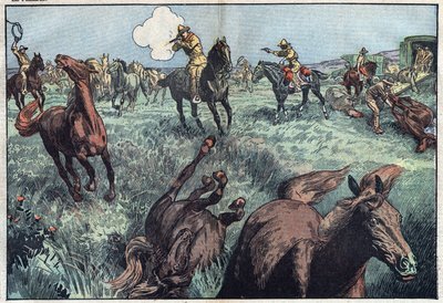 I cavalli selvaggi vengono abbattuti negli Stati Uniti. Illustrazione di Damblans. In "Le Pelerin" del 31 gennaio. da Eugene Damblans
