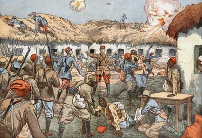 A Aoulay (Marocco) il capitano ferito Duboin aiutato da fanti senegalesi resistette per 22 giorni fino ai soccorsi, disegno di Damblans dal giornale francese 