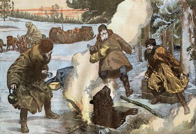 Missionari che preparano il tè mentre un orso appare improvvisamente dal ghiaccio, illustrazione di Damblans dal giornale francese "Le Pelerin" 23 agosto da Eugene Damblans