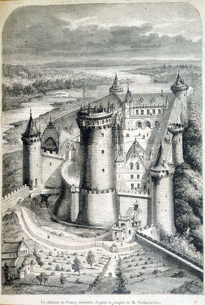 Il castello di Coucy, restaurato - incisione dal disegno di Eugene Viollet-le-Duc (1814-1879) - "Le Monde illustré" dell