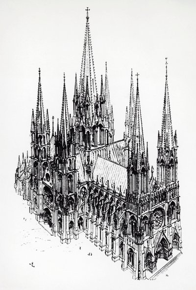 Vista isometrica della cattedrale ideale, disegno di Eugène Emmanuel Viollet-le-Duc dal Dizionario di Architettura Francese dall
