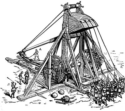 Ricostruzione di una grande catapulta (tipo trabucco a contrappeso), chiamata mangonneau da Eugene Emmanuel Viollet le Duc