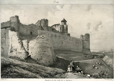 Carcassonne, mura della città, gravemente danneggiate da Eugene Emmanuel Viollet le Duc