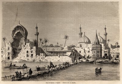 Un ponte di barche, a Baghdad, disegno di Eugene Flandin (1809-1876), per illustrare il suo viaggio in Mesopotamia nel 1840-1842. Incisione in "Le tour du monde" 1861. Collezione Selva da Eugene Flandin