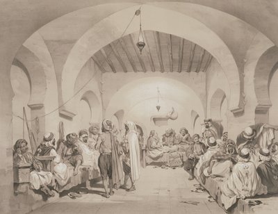 Café du Divan, Algeri, da un volume commemorativo della Forza di Spedizione Francese che catturò Algeri nel 1830, inciso da Adolphe Jean-Baptiste Bayot (1810-66) da Eugene Flandin