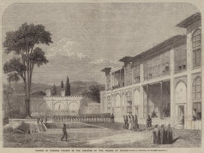 Parata delle truppe persiane nei giardini del palazzo di Shiraz da Eugene Flandin