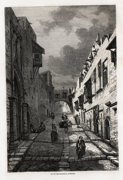La rue des chevaliers, a Rodi, disegno di Eugene Flandin, per illustrare il suo viaggio nell