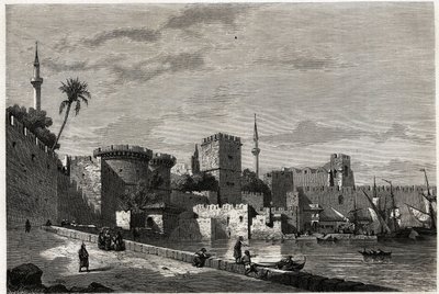 La vista del porto di Rodi e la porta di Aubusson, disegno di Eugene Flandin, per illustrare il suo viaggio nell