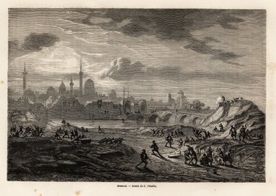 Veduta di Mosul (Iraq), sulle rive del fiume Tigri, disegno di Eugene Flandin, per illustrare la spedizione a Ninive, dal 1844 al 1860, di Vivian de Saint Martin. Incisione in "Le tour du monde", a cura di Edouard Charton da Eugene Flandin