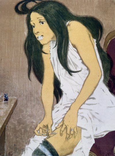Una tossicodipendente che si inietta, inizio XX secolo da Eugene Grasset