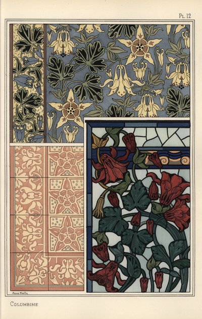 Colombina, Aquilegia vulgaris, fiore in motivi per carta da parati, vetro colorato e piastrelle da Eugene Grasset