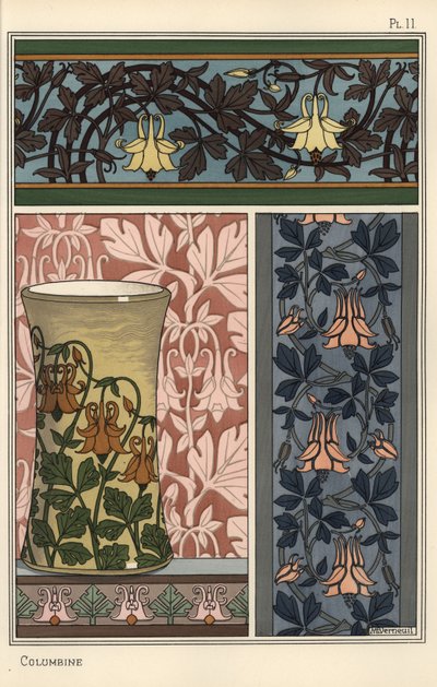 Fiore di aquilegia, Aquilegia vulgaris, in motivi per carta da parati, tessuti e vasi da Eugene Grasset