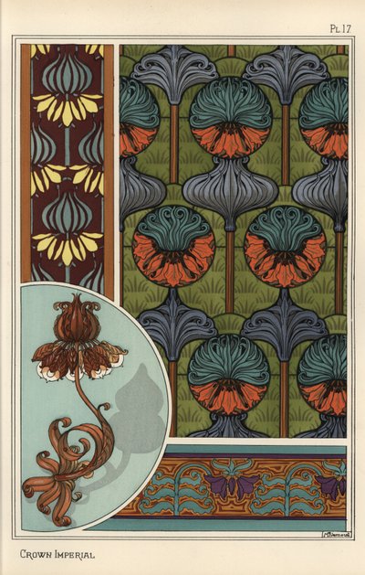 Fiore imperiale, Fritillaria imperialis, in motivi per carta da parati e tessuti, e come design per una lampada in ferro battuto da Eugene Grasset