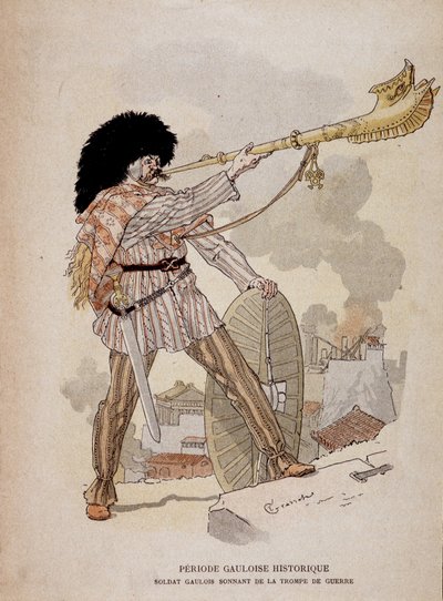 Soldato gallico che suona il corno di guerra (carnyx) - in "Illustrous Teaching Cahiers, War Costumes of the Bronze Age and the Gaulish Age", ed Grasset da Eugene Grasset