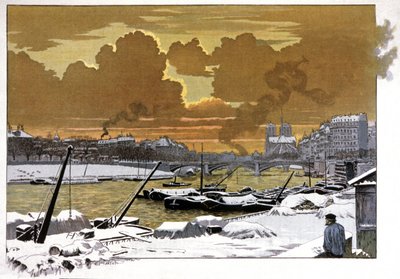 Parigi, chiatte sotto la neve al Pont de Sully, c.1905 da Eugene Grasset