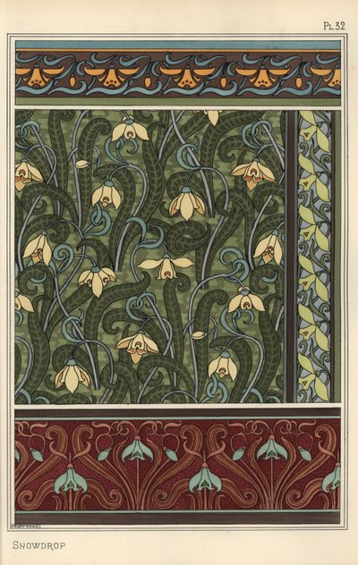 Bucaneve, Galanthus nivalis, come motivo di design in carta da parati, bordi e tessuti da Eugene Grasset