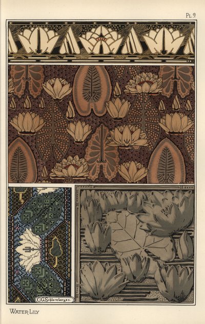 Il ninfea, Nelumbo lutea, in tessuti, arazzi a punto croce e motivi in rilievo. Litografia di C. G. Schlumberger da Eugene Grasset