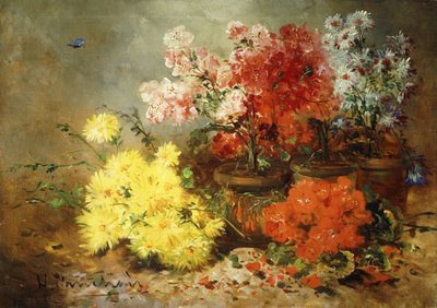 Margherite, begonia e altri fiori in vaso da Eugene Henri Cauchois