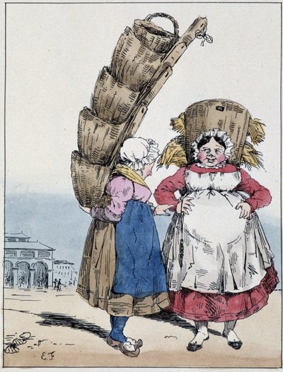 La halle: due donne che parlano e portano cesti - in "Souvenirs d