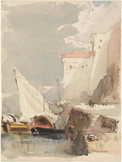 Barche a vela in un porto soleggiato (recto) da Eugene Isabey