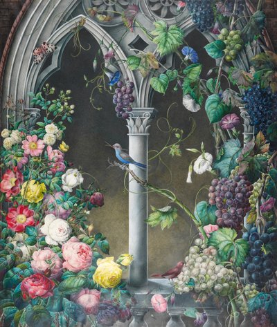Mazzi di rose, Ipomoea e viti, intorno a un