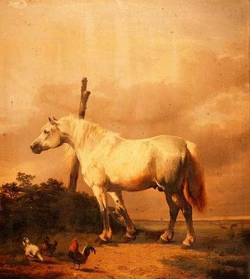 Un cavallo da tiro con pollame in un paesaggio esteso da Eugene Joseph Verboeckhoven