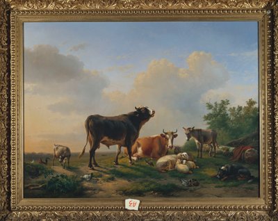 Un toro, una mucca, un asino, una capra, pecore e pollame in un ampio paesaggio, 1849 da Eugene Joseph Verboeckhoven