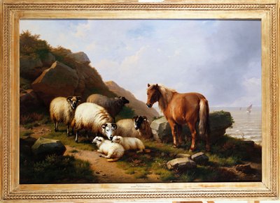 Un pony e pecore su una scogliera con una nave a vela oltre, 1868 da Eugene Joseph Verboeckhoven