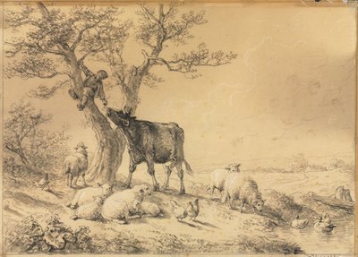 Paesaggio con animali e ragazzo sull