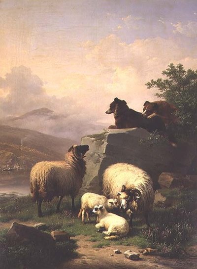 Pecore e agnelli con due cani in un paesaggio fluviale da Eugene Joseph Verboeckhoven