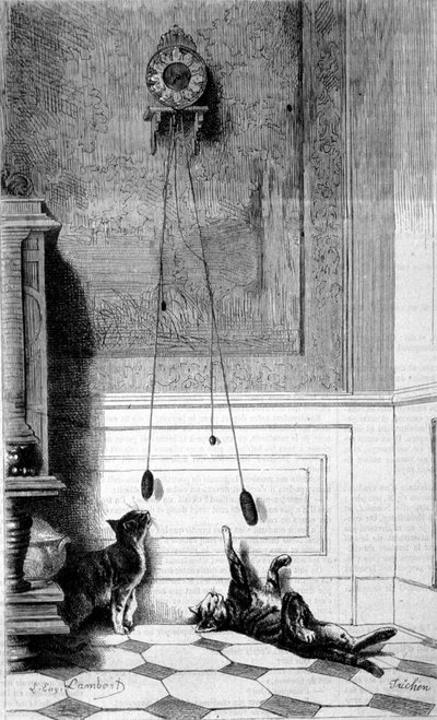 Due gattini che giocano con un orologio. Illustrazione di Eugene Lambert. Incisione da Eugene Lambert