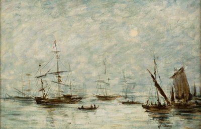 Barche ormeggiate in un porto da Eugene Louis (attr.to) Boudin