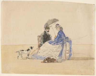 Una coppia seduta sulla spiaggia con due cani, c. 1865 da Eugene Louis Boudin