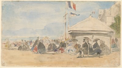 Casa sulla Spiaggia con Bandiere a Trouville, c. 1865 da Eugene Louis Boudin