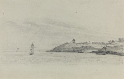 Paesaggio Costiero con Navi, Mulino a Vento in Lontananza, c. 1858 da Eugene Louis Boudin
