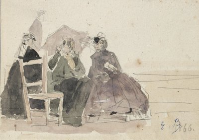 Tre donne sedute su sedie in spiaggia, fine XIX secolo da Eugene Louis Boudin