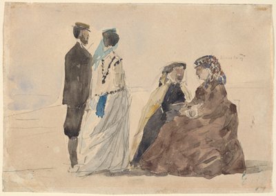 Due signore sedute e una coppia che cammina sulla spiaggia da Eugene Louis Boudin
