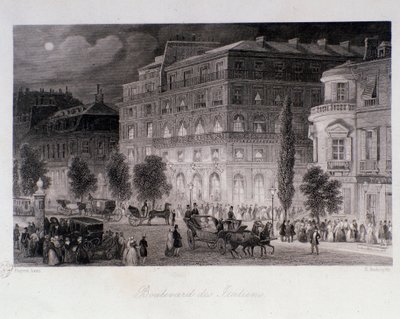 Animazione intorno ai teatri del boulevard des Italiens a Parigi. Incisione di Eugène Louis Lami (1800-1890) 1843 Collezione privata da Eugene Louis Lami