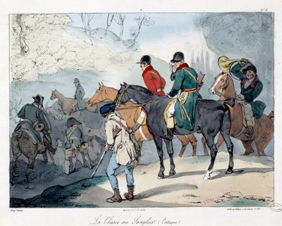 Caccia al cinghiale. Illustrazione del libro La vie de chateau. Incisione di Eugene Louis Lami (1800-1890) da Eugene Louis Lami