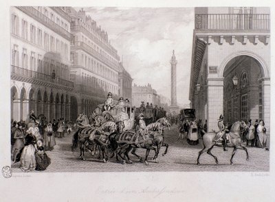Corteo di un ambasciatore sulla Place de la Bourse al suo arrivo a Parigi. Incisione di Eugene Louis Lami (1800-1890) 1843 Collezione privata da Eugene Louis Lami