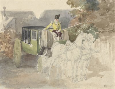 Carrozza con due cavalli in un ambiente boscoso da Eugene Louis Lami