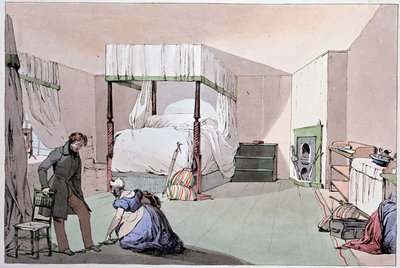 Ostello: un servo aiuta un cliente a indossare le scarpe. Illustrazione di Eugene Louis Lami (1800-1890), metà del XIX secolo da Eugene Louis Lami
