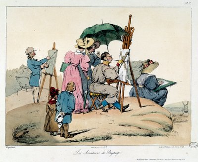 Amanti del paesaggio. Pittori presentati si riuniscono per dipingere un paesaggio marittimo. Illustrazione del libro la vie de chateau da Eugene Louis Lami