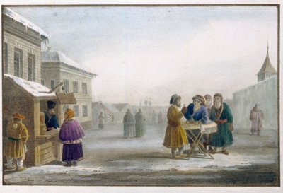 Venditore ambulante di tabacco davanti a un negozio di tabacco in Russia da Eugéne Pluchart