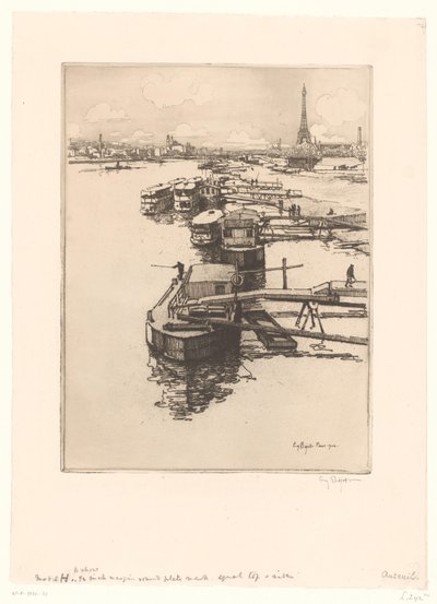 Banchina con battelli omnibus a Parigi con la Torre Eiffel sullo sfondo da Eugène Bejot (signed by artist)